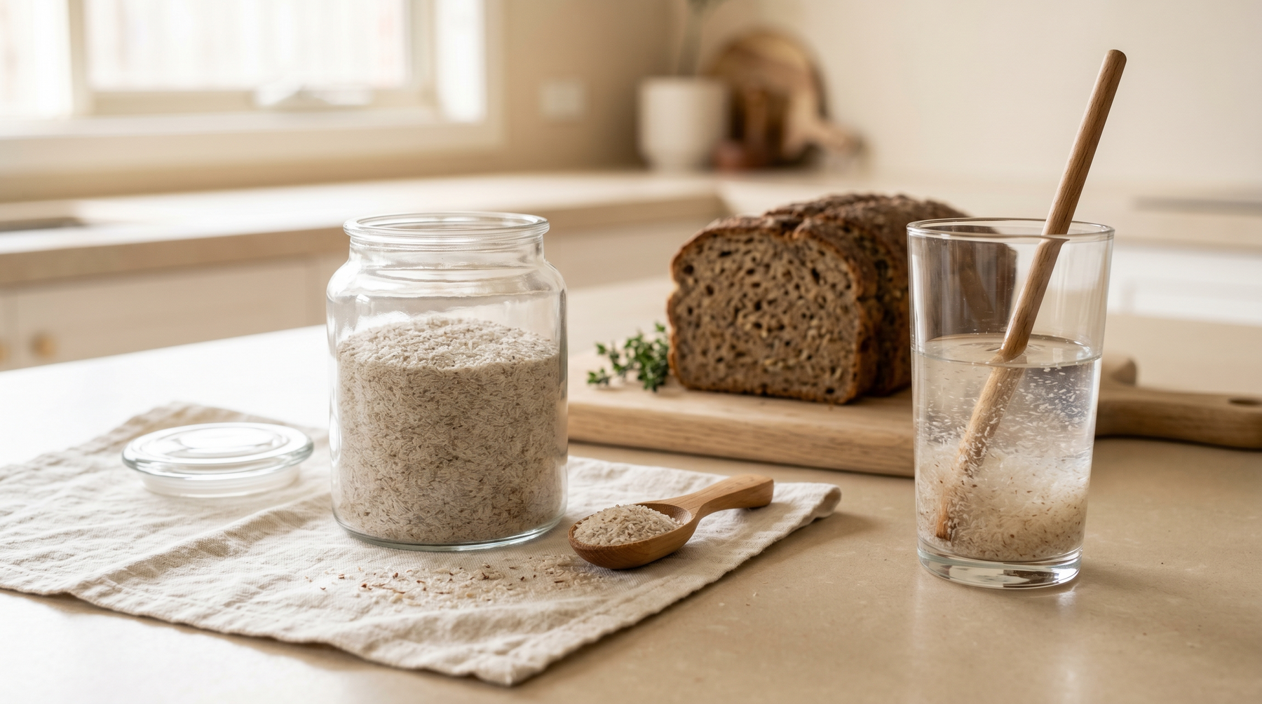 A glass jar of psyllium husk with a wooden teaspoon, a tall water glass mid-stir, and a sliced gluten-free loaf, on a cream linen surface — Graina, Moonee Ponds