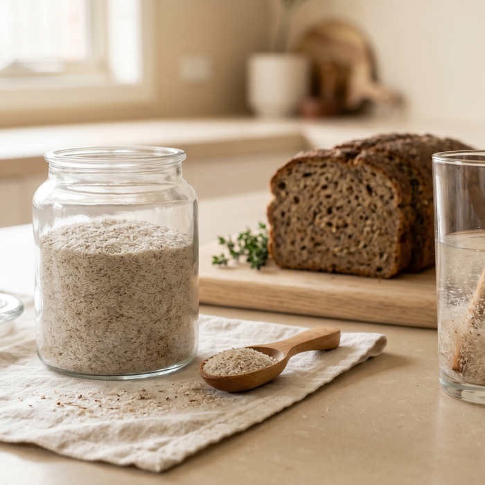 A glass jar of psyllium husk with a wooden teaspoon, a tall water glass mid-stir, and a sliced gluten-free loaf, on a cream linen surface — Graina, Moonee Ponds