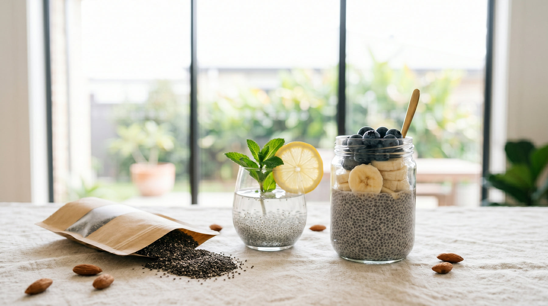 Glass jar of chia pudding topped with banana and blueberries beside a glass of chia water with lemon and mint, with a kraft pouch of dry chia seeds on cream linen in a bright Australian kitchen