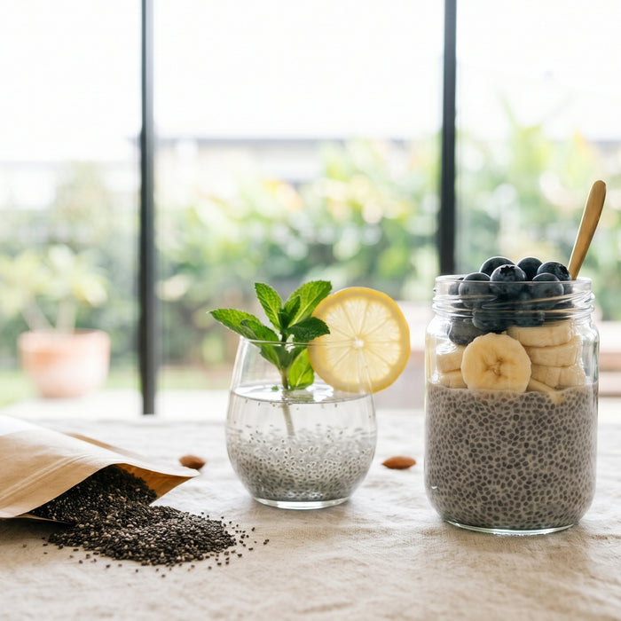 Glass jar of chia pudding topped with banana and blueberries beside a glass of chia water with lemon and mint, with a kraft pouch of dry chia seeds on cream linen in a bright Australian kitchen
