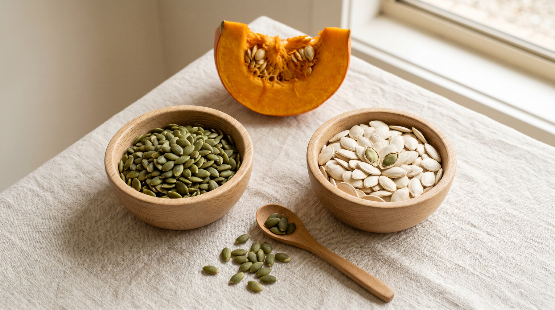 Two wooden bowls side by side — green hulled pepitas on the left, larger white shell-on whole pumpkin seeds on the right — with a quarter Kent pumpkin showing the seed cavity behind, on a cream surface — Graina, Moonee Ponds