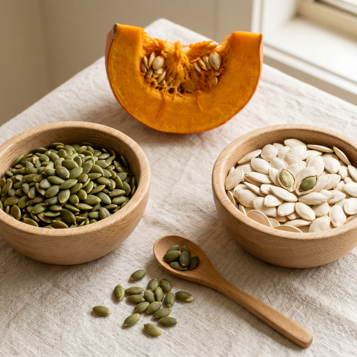 Two wooden bowls side by side — green hulled pepitas on the left, larger white shell-on whole pumpkin seeds on the right — with a quarter Kent pumpkin showing the seed cavity behind, on a cream surface — Graina, Moonee Ponds