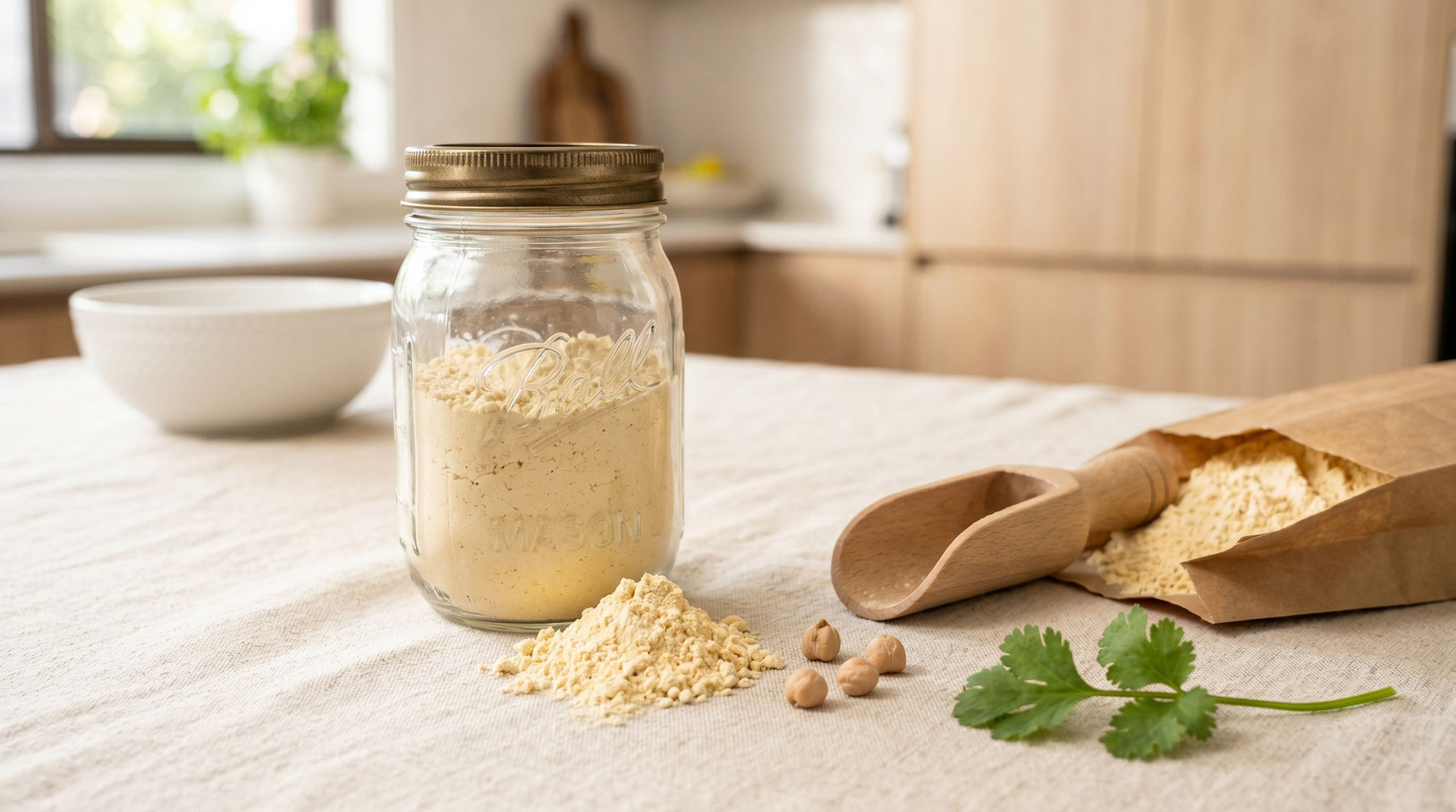 Glass mason jar of organic chickpea flour with wooden scoop, kraft paper bag, whole chickpeas and fresh coriander on a cream linen surface in a bright Australian kitchen