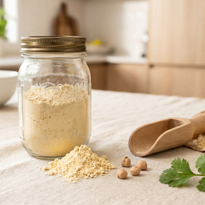 Glass mason jar of organic chickpea flour with wooden scoop, kraft paper bag, whole chickpeas and fresh coriander on a cream linen surface in a bright Australian kitchen