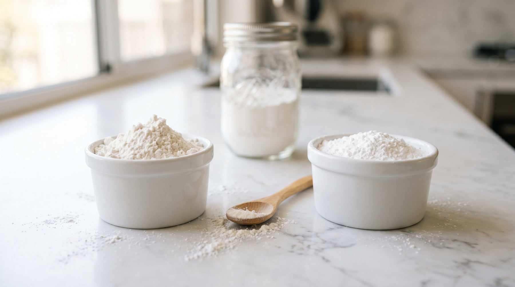 Two ramekins of white starch on a marble countertop — arrowroot on the left, cornflour on the right — with a wooden teaspoon between them and a glass jar of starch behind, in a bright contemporary kitchen.