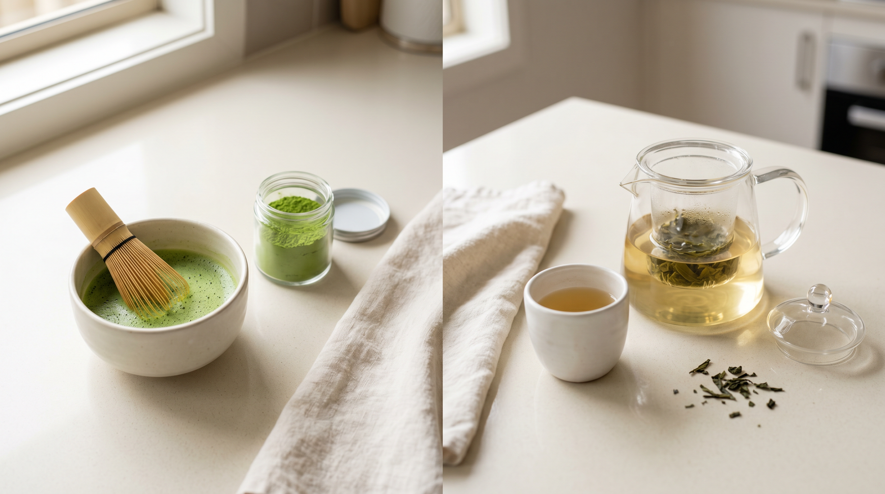 A ceramic bowl of whisked vivid green matcha with a bamboo whisk on the left, beside a clear glass teapot of brewed pale-gold green tea on the right, on a cream linen surface — Graina, Moonee Ponds