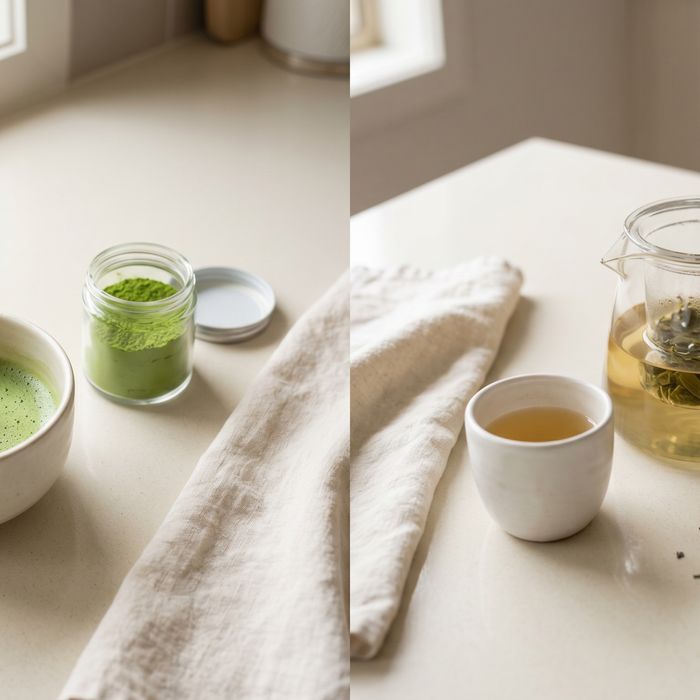 A ceramic bowl of whisked vivid green matcha with a bamboo whisk on the left, beside a clear glass teapot of brewed pale-gold green tea on the right, on a cream linen surface — Graina, Moonee Ponds