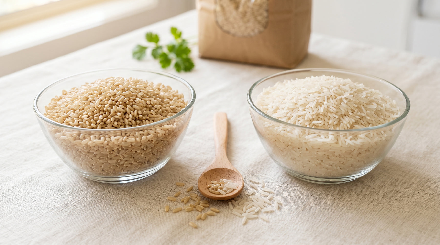 Two clear glass bowls of uncooked rice side by side, medium-grain brown rice on the left and white basmati on the right, with a wooden spoon and spilled grains on cream linen in a bright Australian kitchen