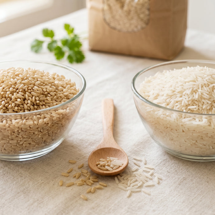 Two clear glass bowls of uncooked rice side by side, medium-grain brown rice on the left and white basmati on the right, with a wooden spoon and spilled grains on cream linen in a bright Australian kitchen