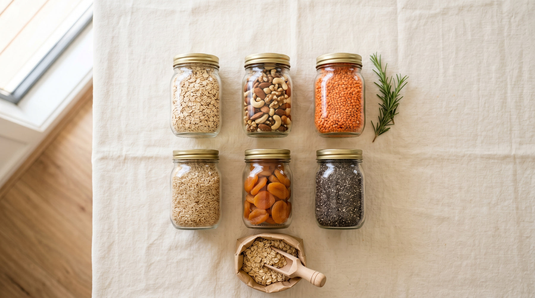 Six clear glass jars with brass lids arranged in a flat lay, each filled with a different bulk pantry staple, kraft paper bag with wooden scoop on cream linen, Australian kitchen