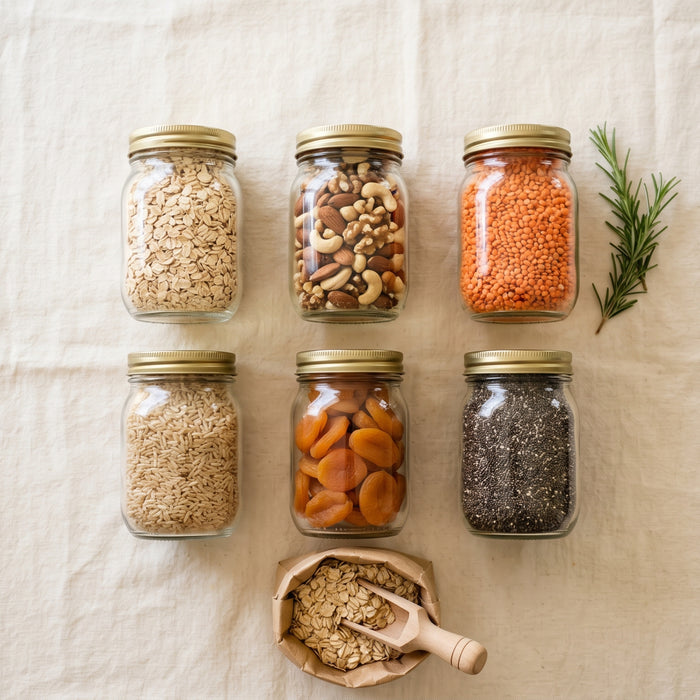 Six clear glass jars with brass lids arranged in a flat lay, each filled with a different bulk pantry staple, kraft paper bag with wooden scoop on cream linen, Australian kitchen