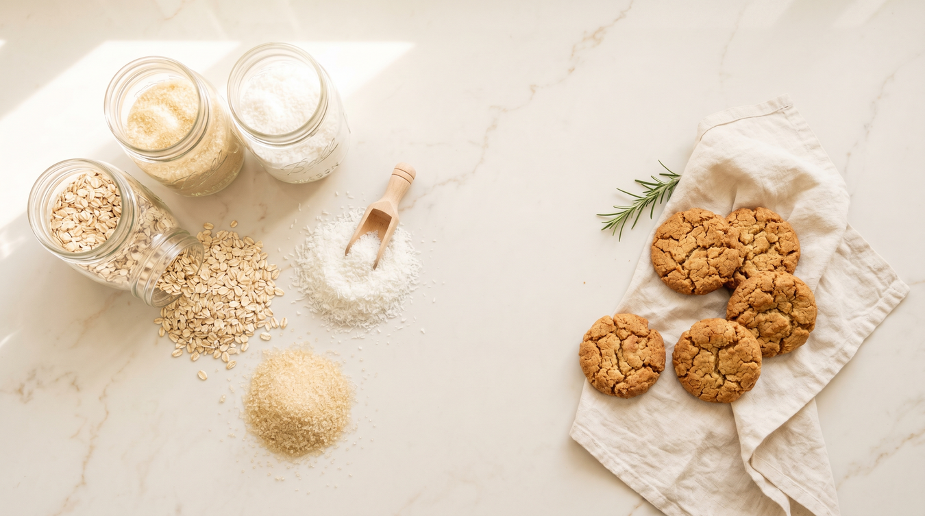 Flat lay of Graina organic rolled oats, fine coconut, and raw sugar with fresh home-baked ANZAC biscuits on a marble surface